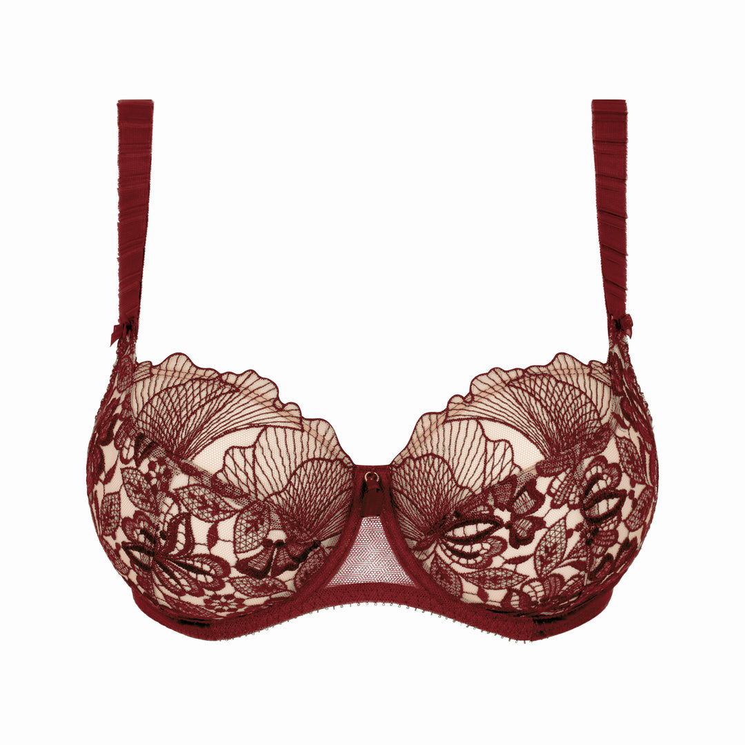 Red lace bra on a white background