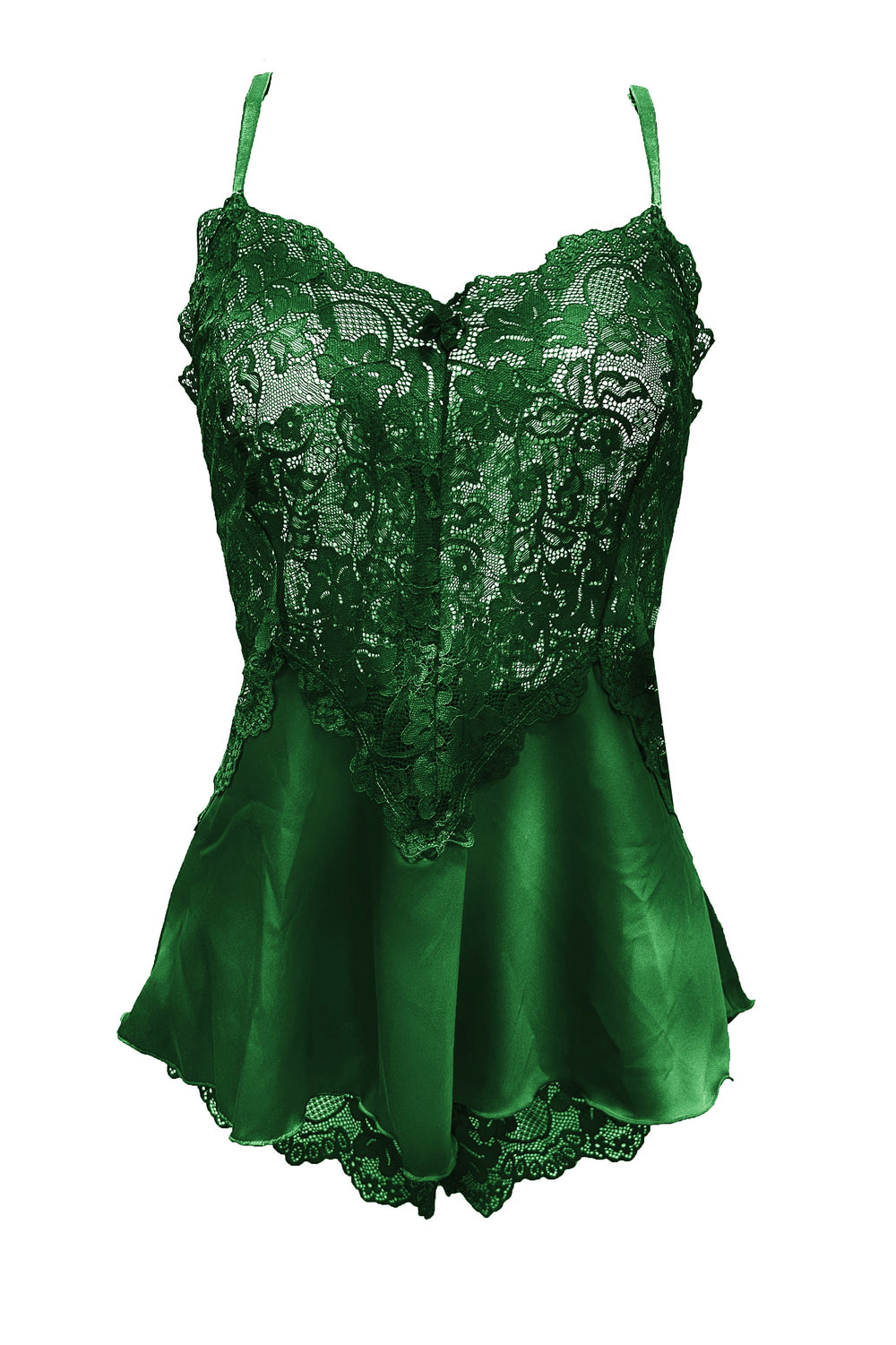 Green lace camisole with satin skirt on a white background
