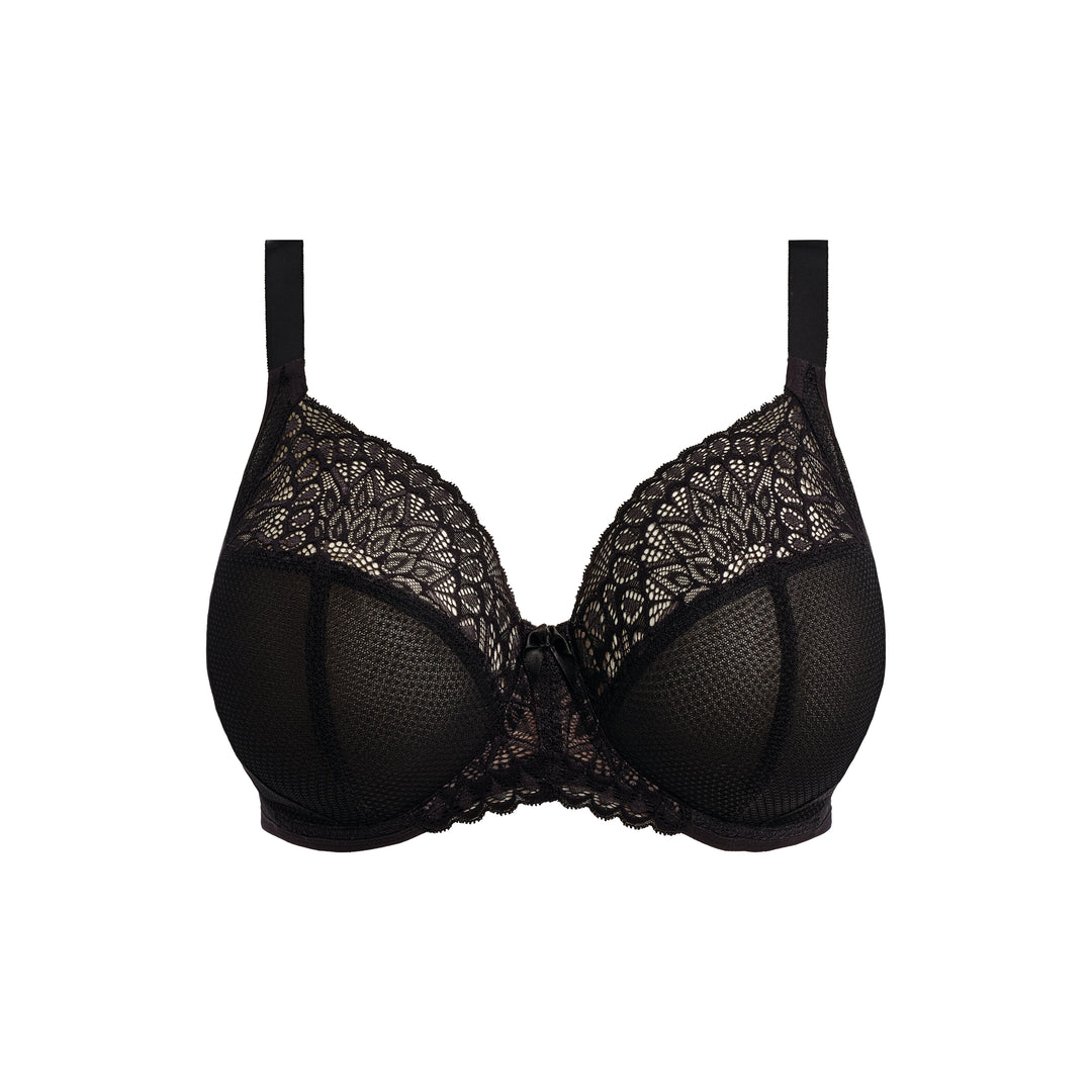 Black bra with lace detailing on a white background