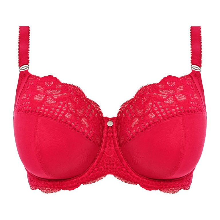 Red bra with lace details on a white background