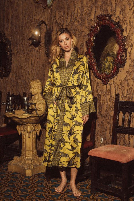 Satin Maxi Robe | Antique Swallows