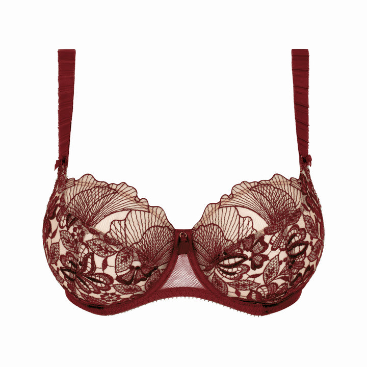 Red lace bra on a white background