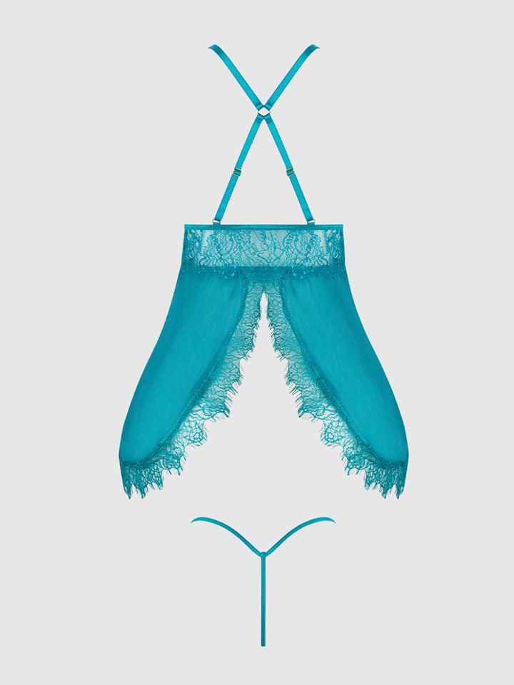 Teal lace lingerie set on a light gray background