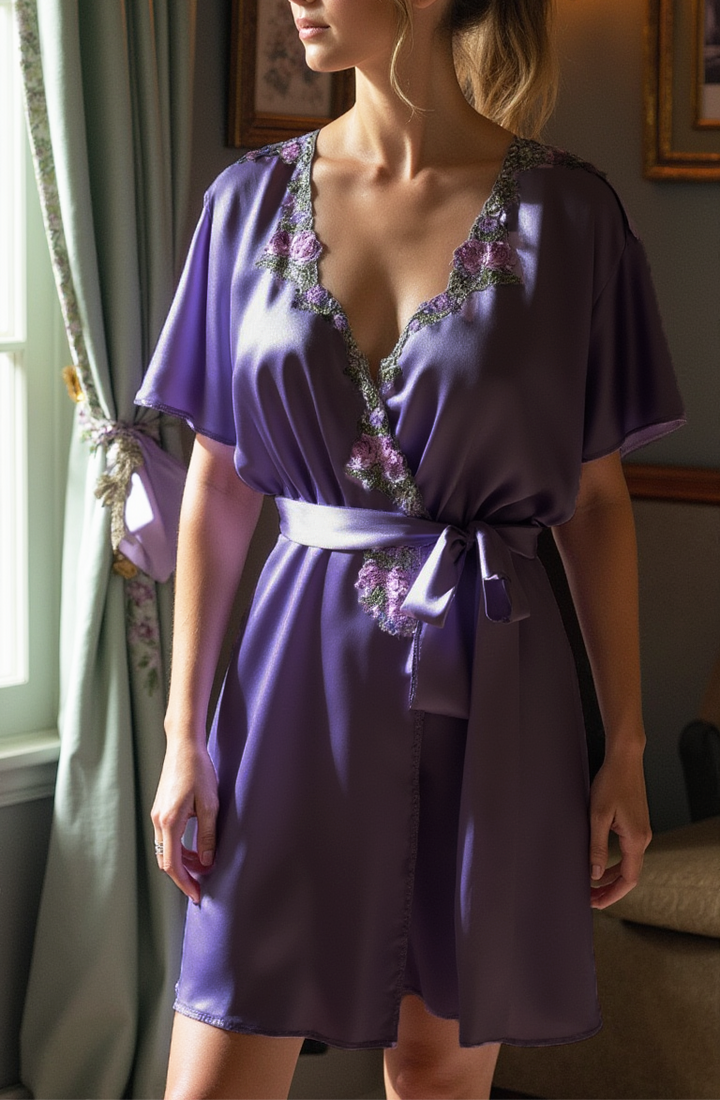Woman wearing a purple dress with floral embroidery in a room setting.