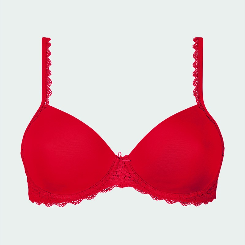 Red bra with lace details on a light gray background