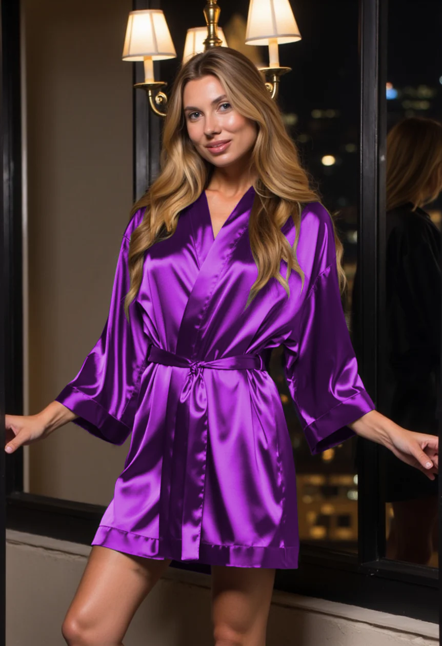 Woman wearing a purple satin robe in a room with a chandelier.
