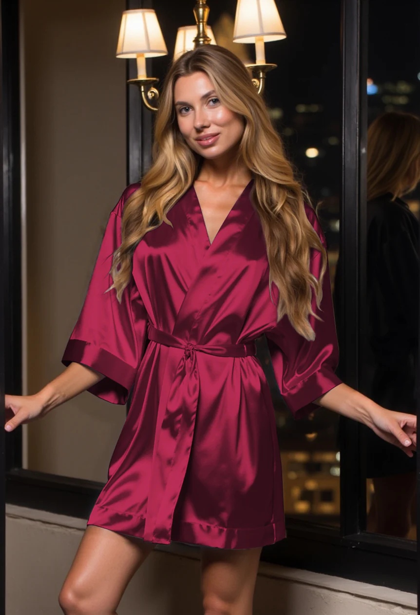Woman wearing a burgundy satin robe in a dimly lit room.