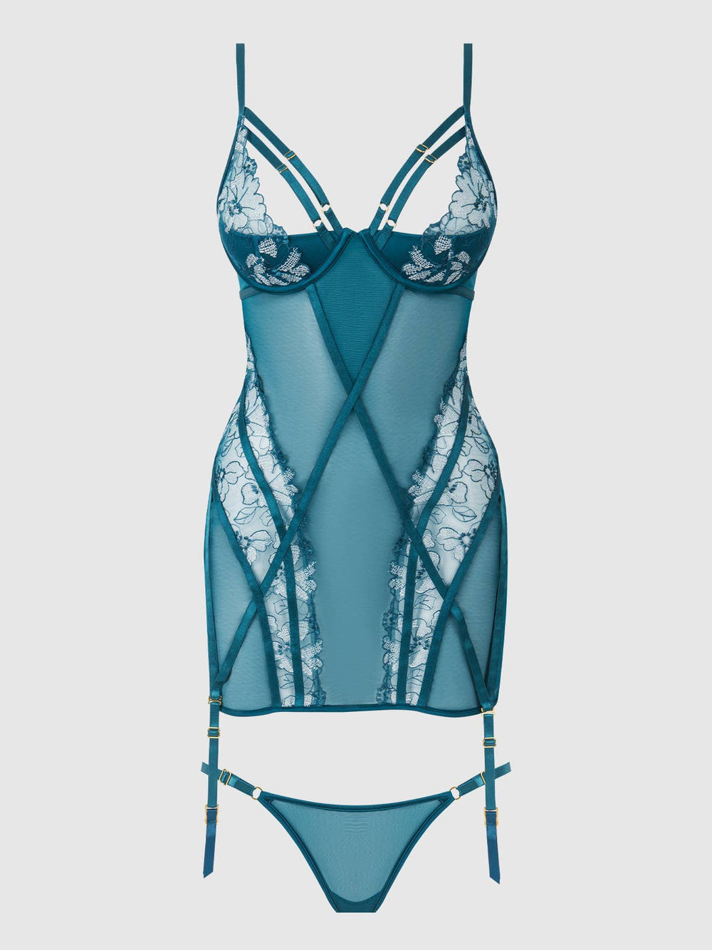 Teal lace lingerie set on a light gray background