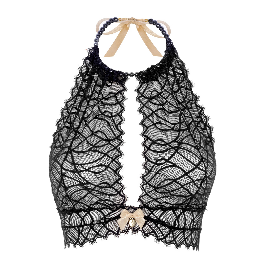 Black lace halter top with bow details on a white background