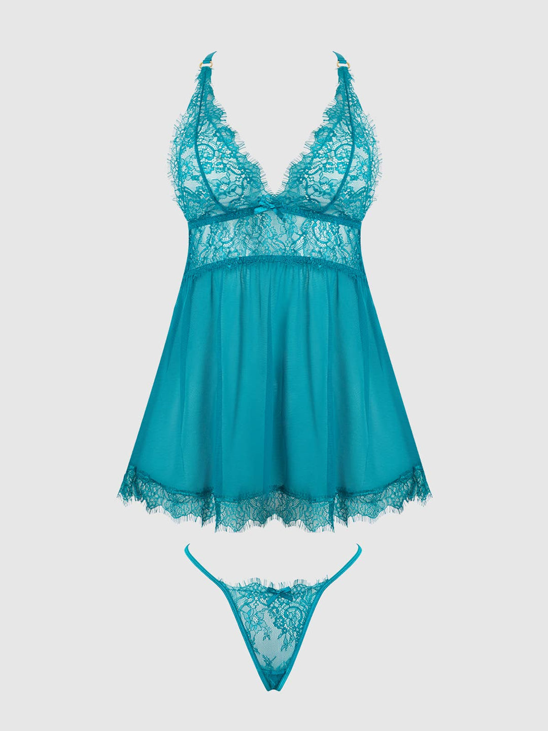 Teal lace lingerie set on a light gray background