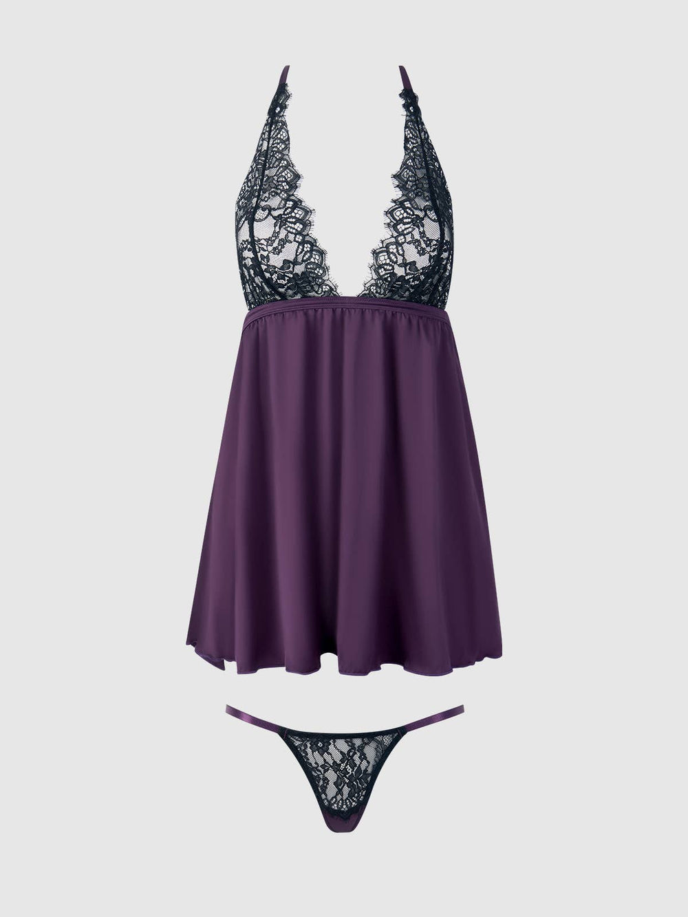 Purple nightgown with black lace details on a white background