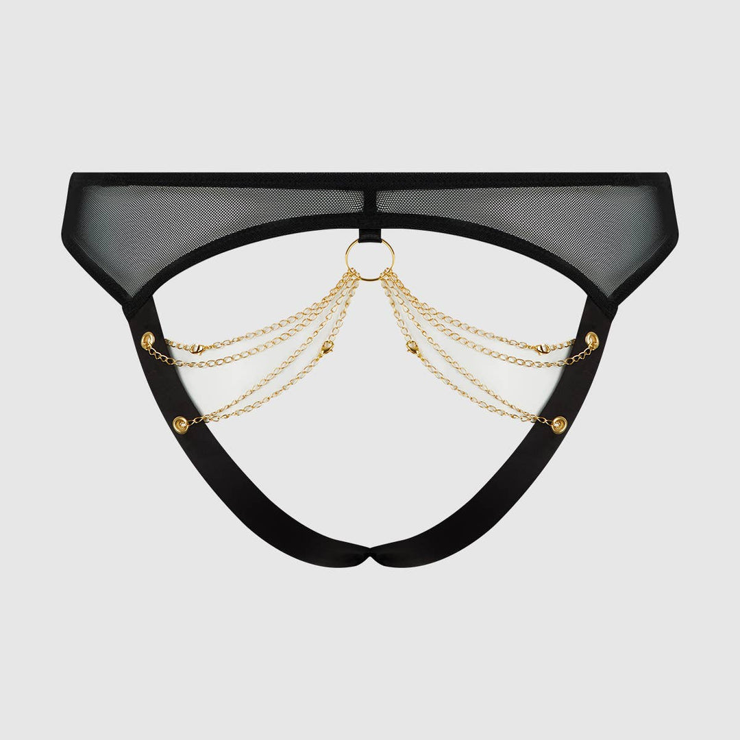 Black mesh panty with caged back gold chain details on a light gray background
