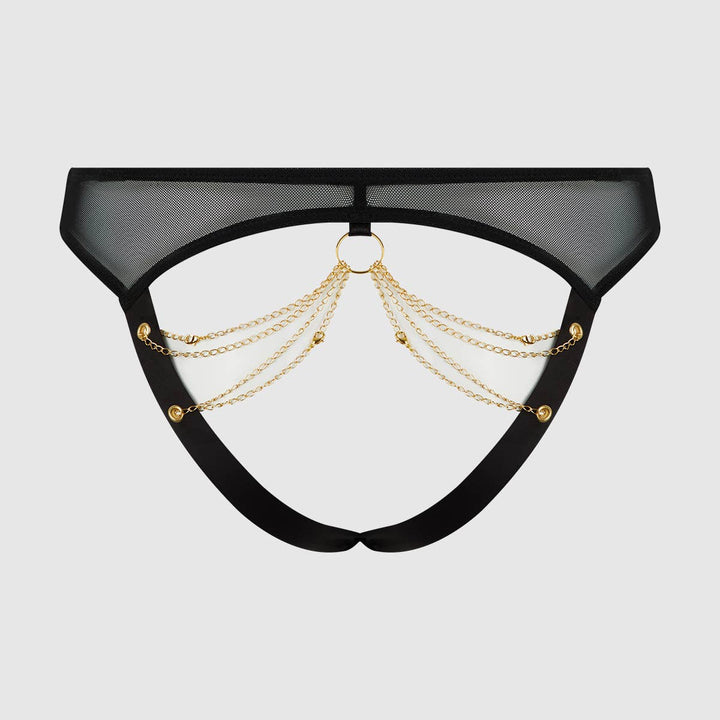 Black mesh panty with caged back gold chain details on a light gray background
