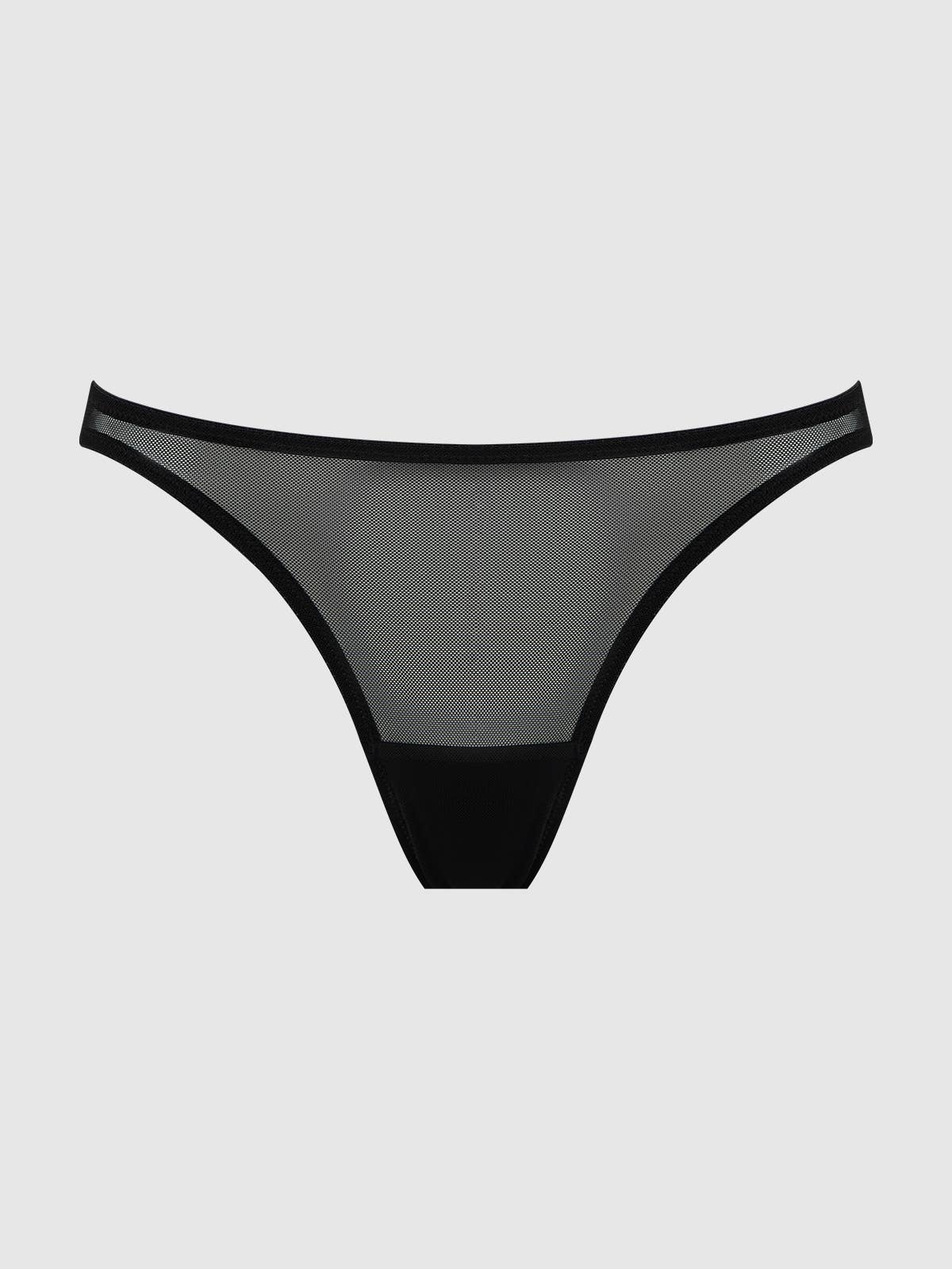 Black mesh ouvert panty with caged back thong on a light gray background