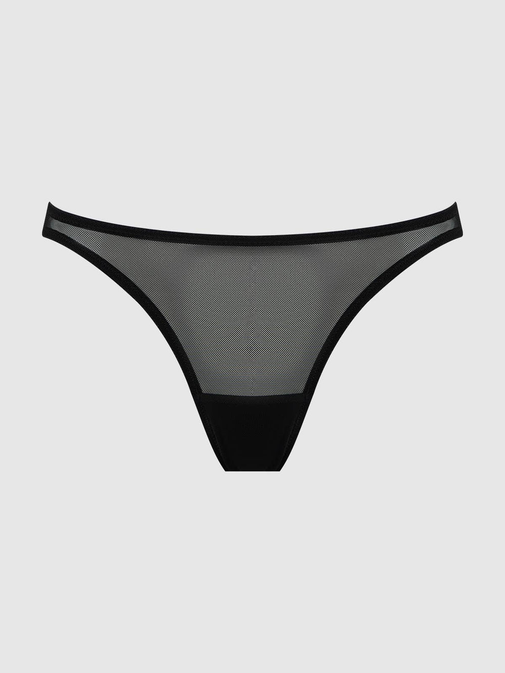 Black mesh ouvert panty with caged back thong on a light gray background
