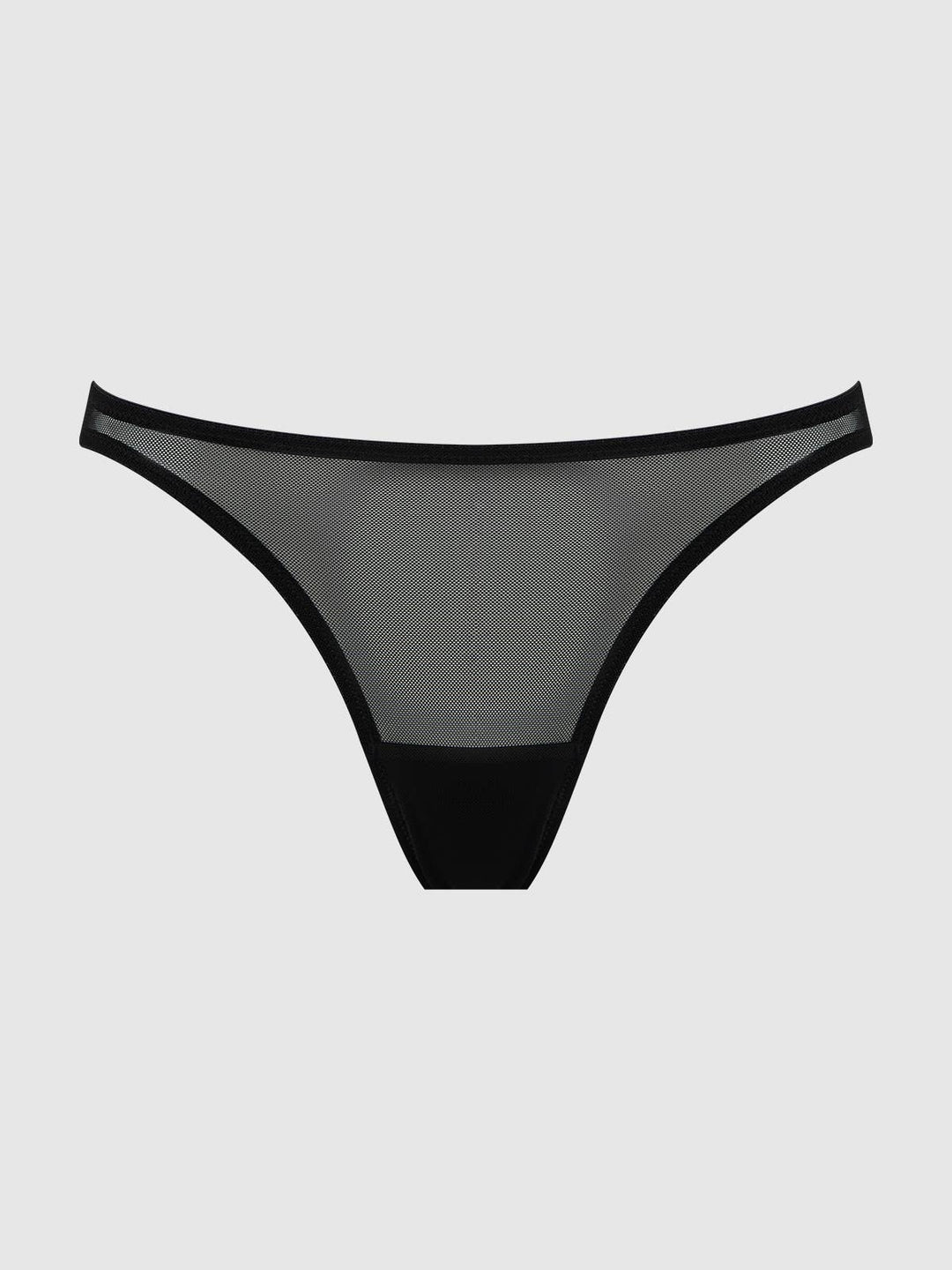 Black mesh ouvert panty with caged back thong on a light gray background