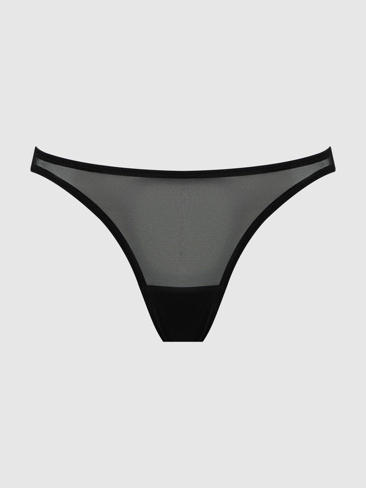 Black mesh ouvert panty with caged back thong on a light gray background