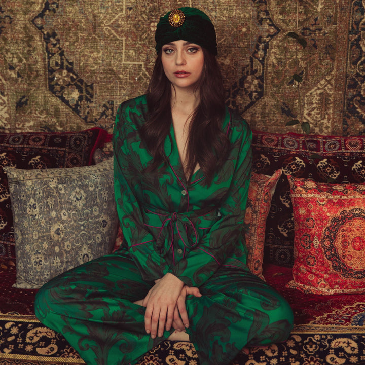 Satin Pajama Set | Emerald Damask