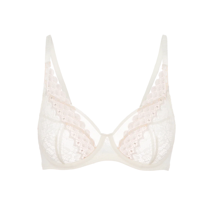 White lace french bra on a white background