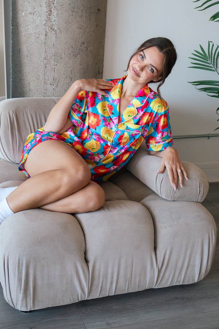 Blue Floral Satin Pajamas