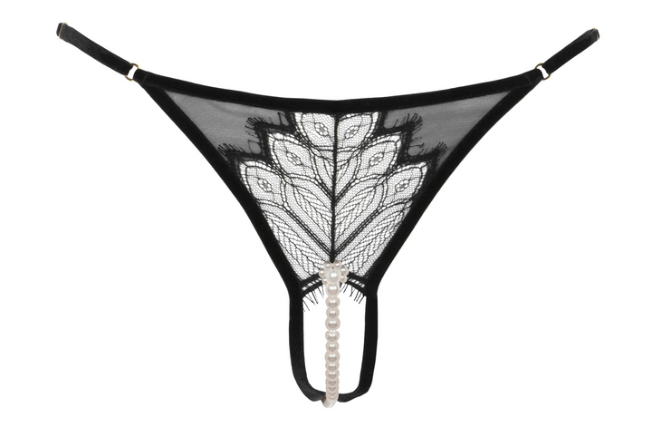 Black lace pearl thong with white embroidery on a white background