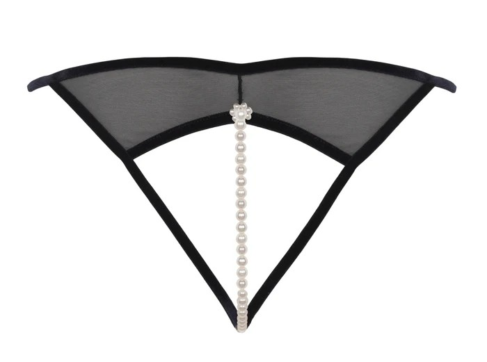 Black mesh thong with pearl chain on a white background