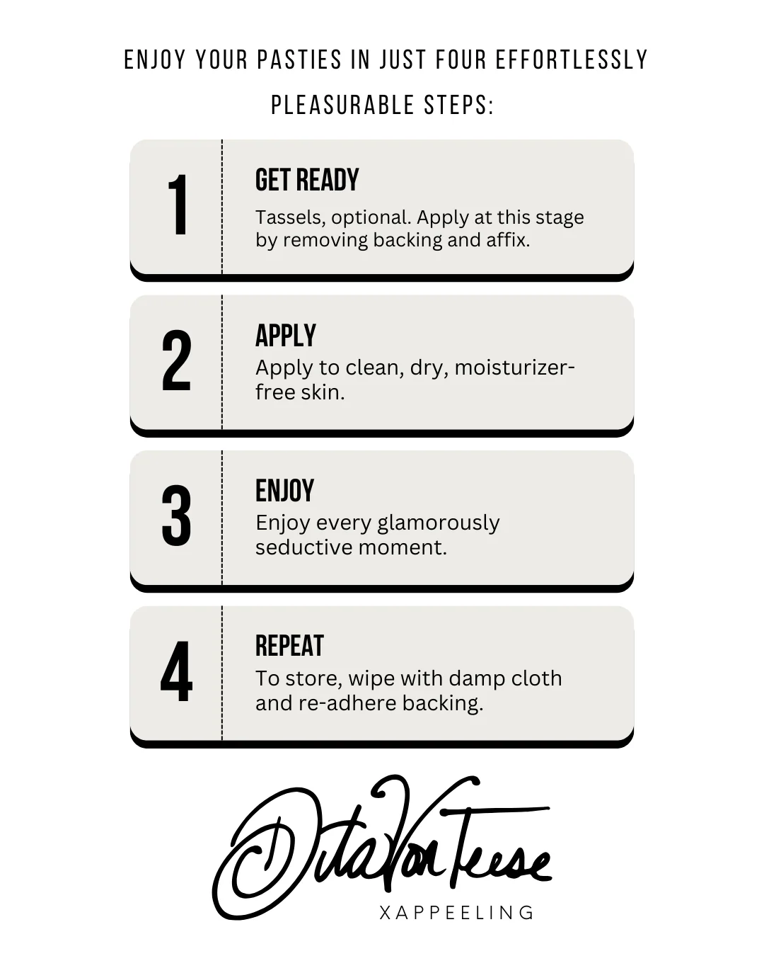 Step-by-step guide for using pasties with Dita Von Teese branding on a white background.