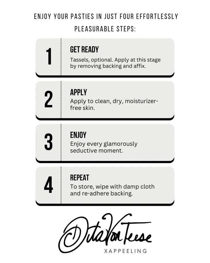 Step-by-step guide for using pasties with Dita Von Teese branding on a white background.