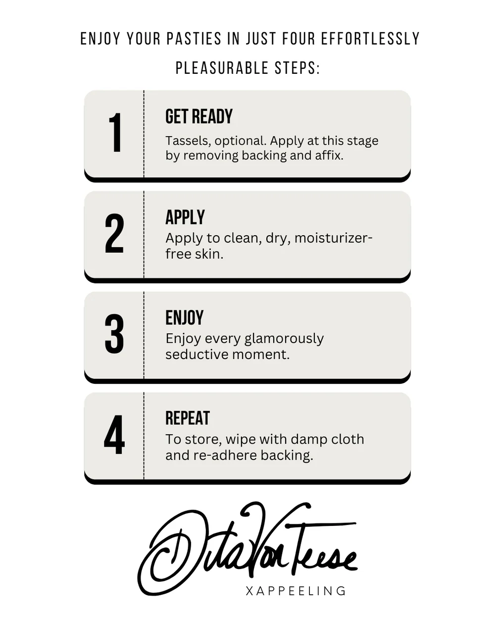 Step-by-step guide for using pasties with Dita Von Teese branding on a white background.