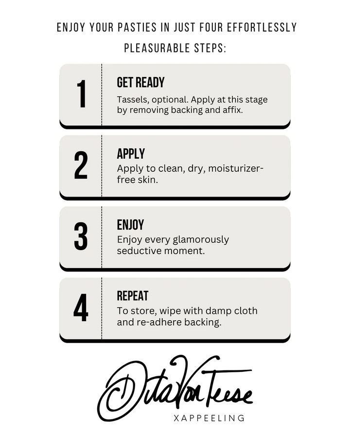 Step-by-step guide for using pasties with Dita Von Teese branding on a white background.