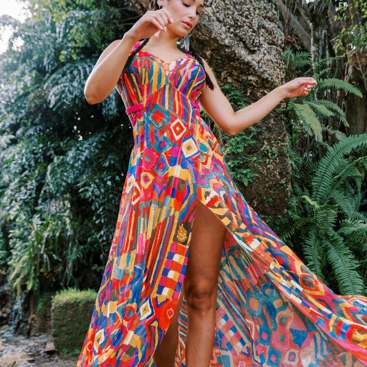 Cuzco Printed Mesh Long Gown