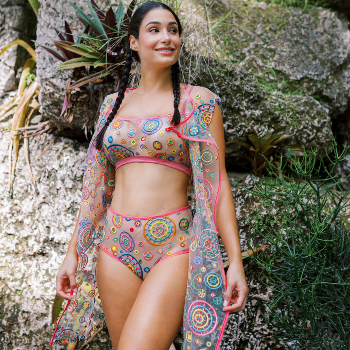Pachamama Embroidered Tulle Short Cover Up