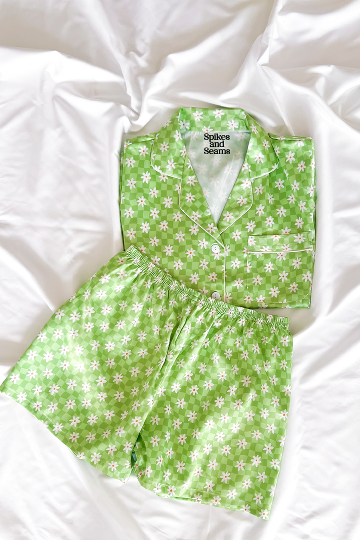 Green Daisy Checkered Satin Pajamas