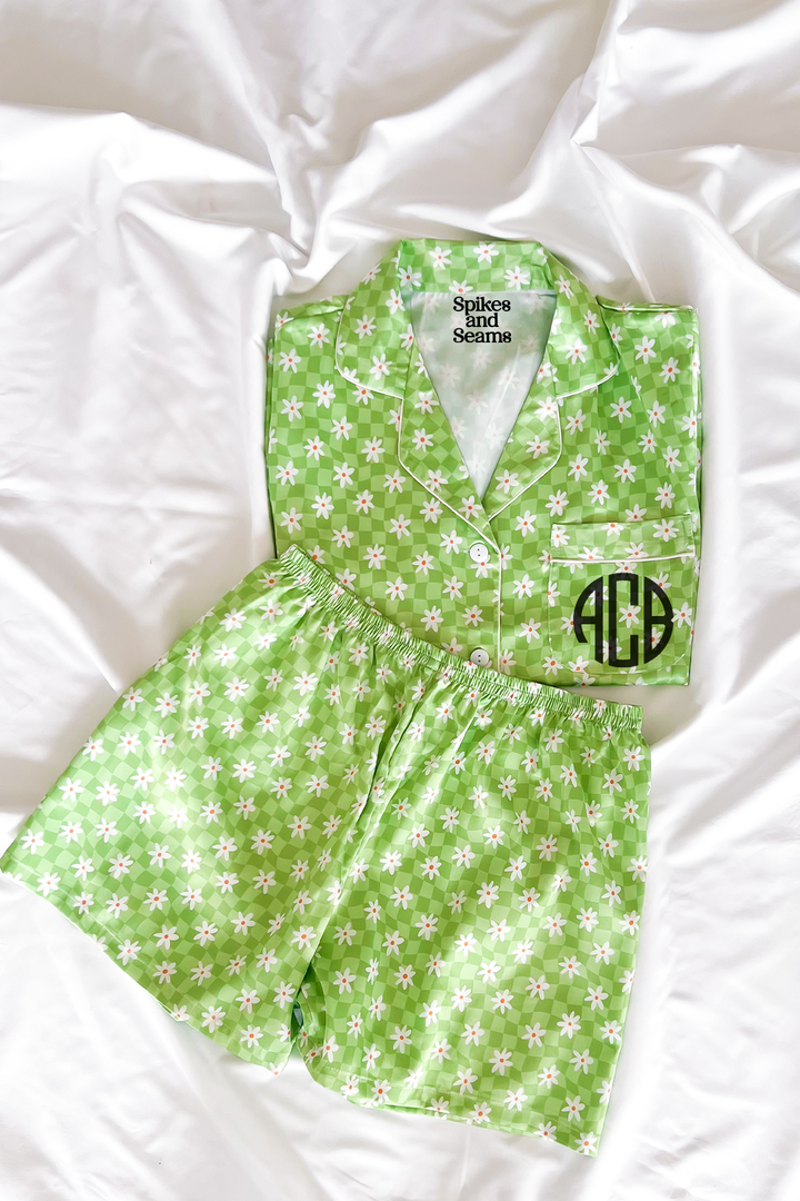Green Daisy Checkered Satin Pajamas