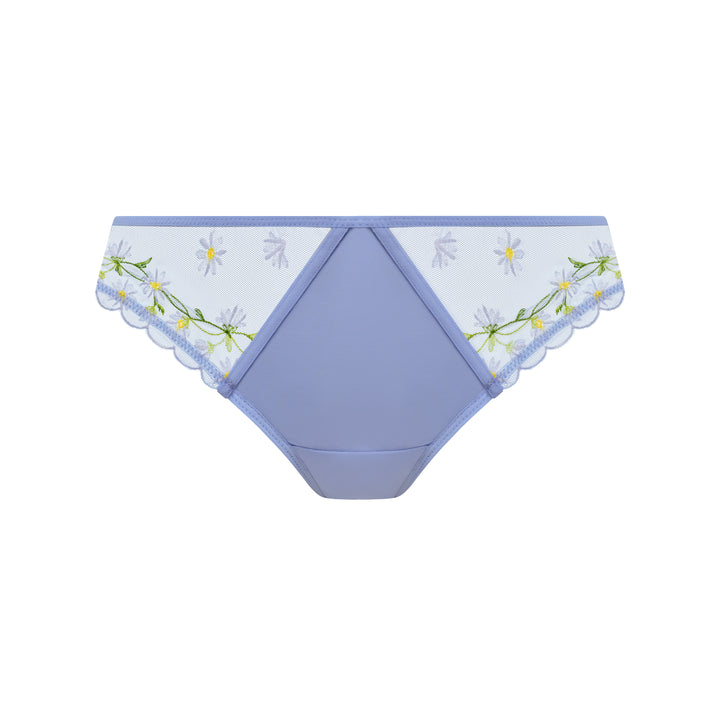 Light purple underwear with floral lace trim on a white background
