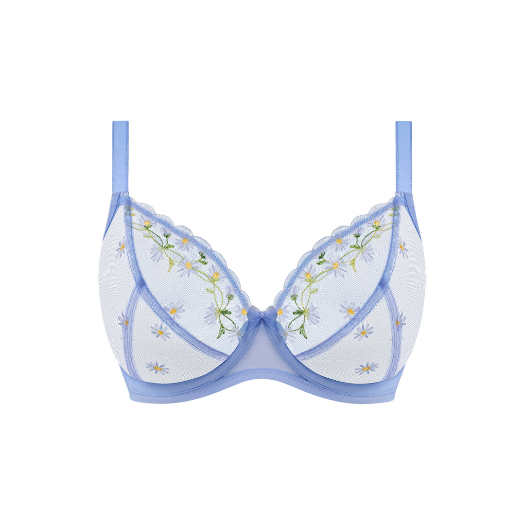 White bra with floral embroidery and blue straps on a white background