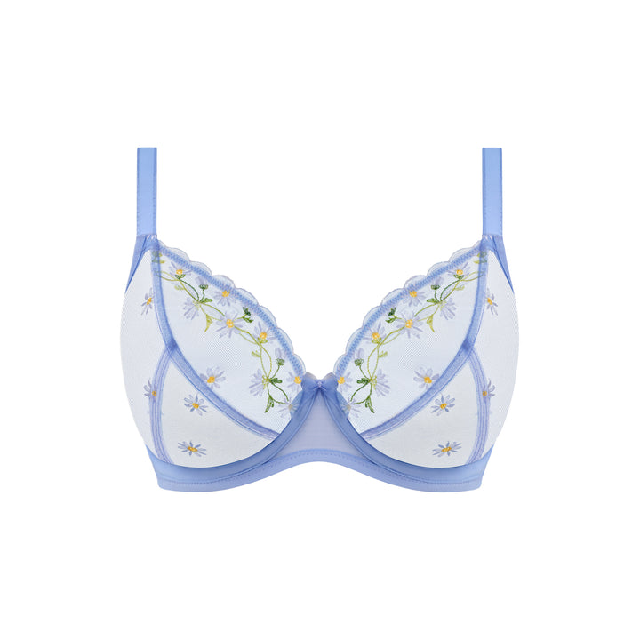 White bra with floral embroidery and blue straps on a white background