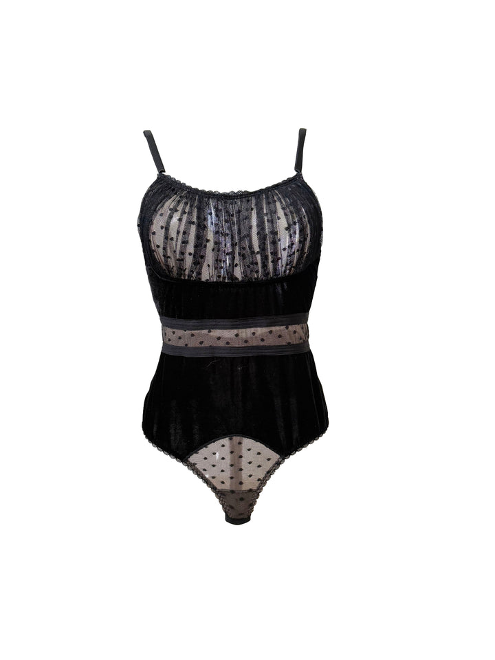 Origins Velvet Polka Dot Ruched Bust Bodysuit