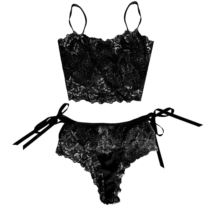 Black lace lingerie set on a white background