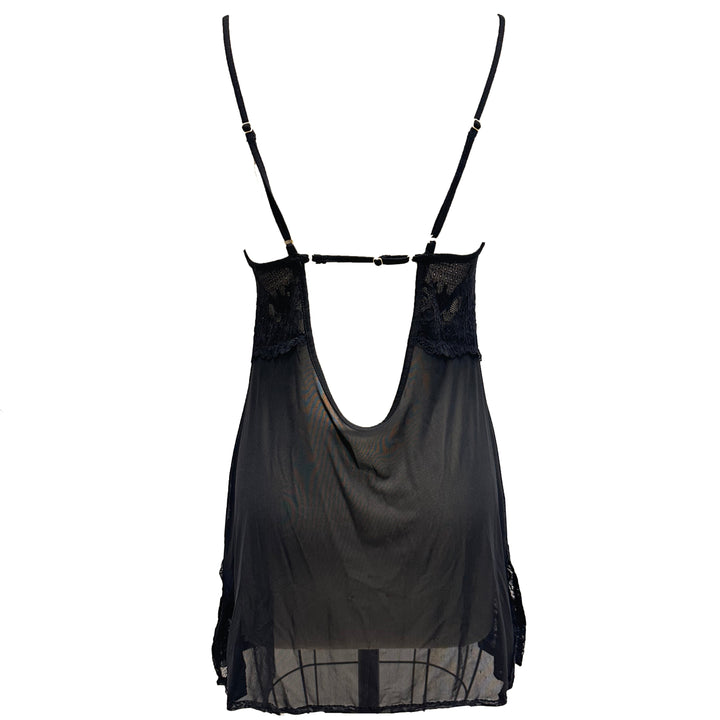 Black sheer top with straps on a white background