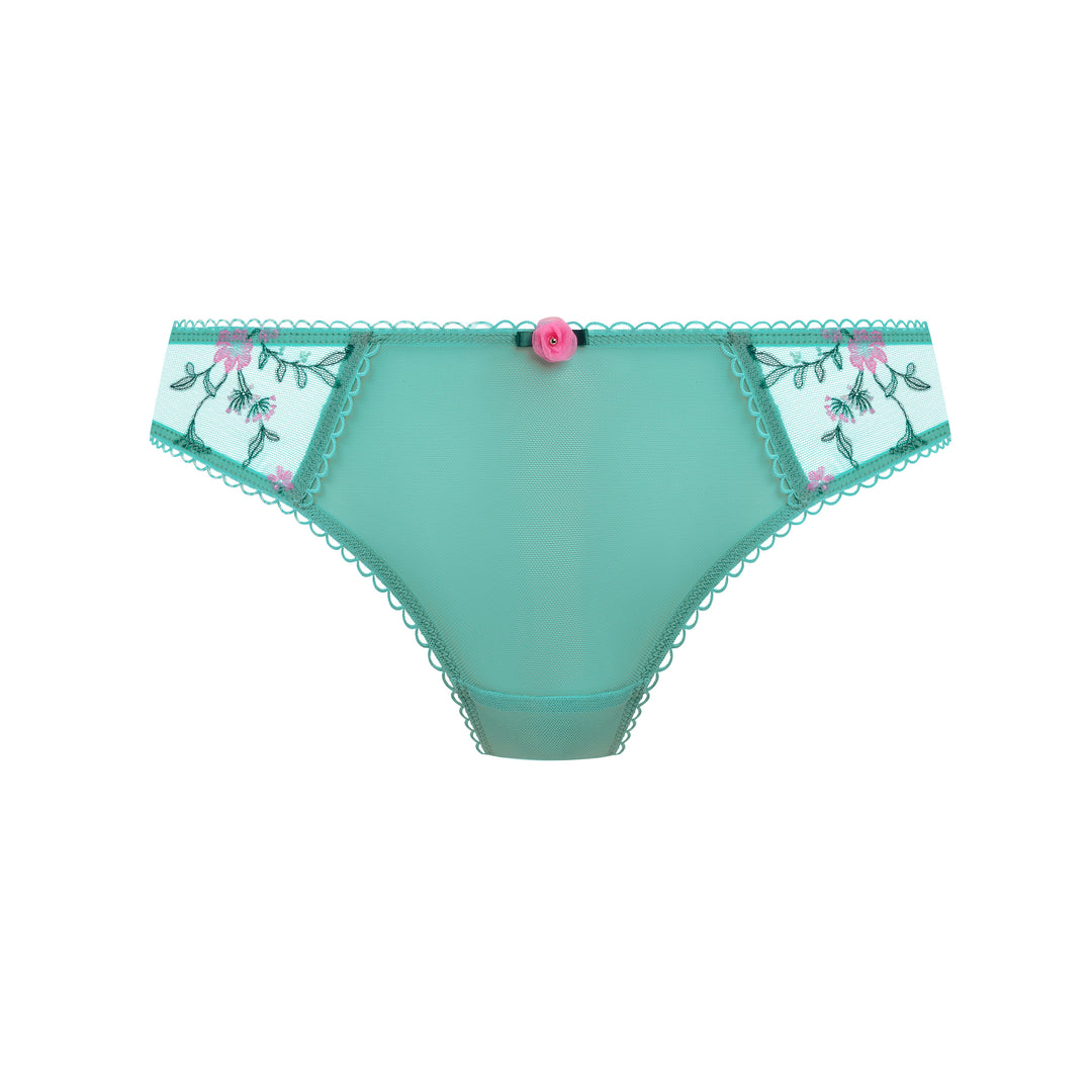 Teal underwear with floral lace trim on a white background