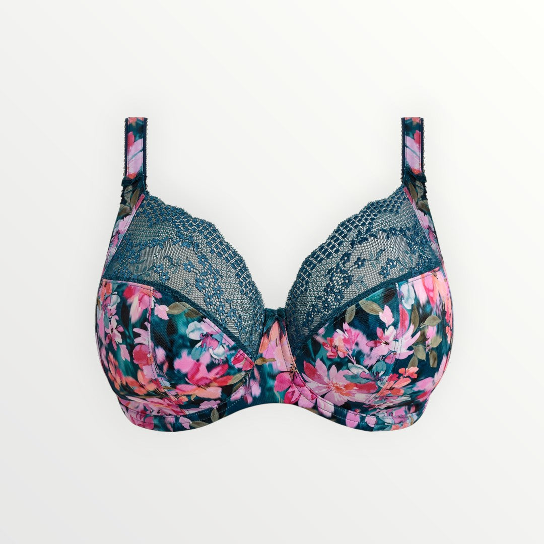 full bust, plus, bra, lace, cut and sew, plunge, floral, print, teal