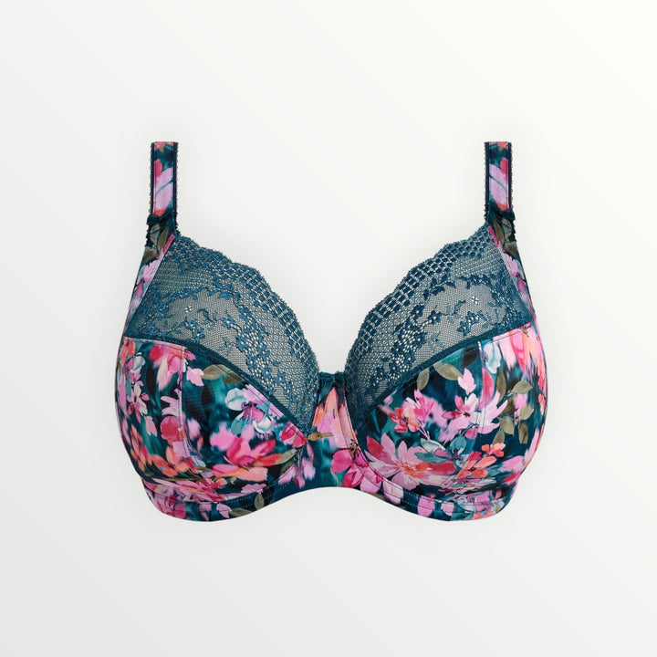 full bust, plus, bra, lace, cut and sew, plunge, floral, print, teal