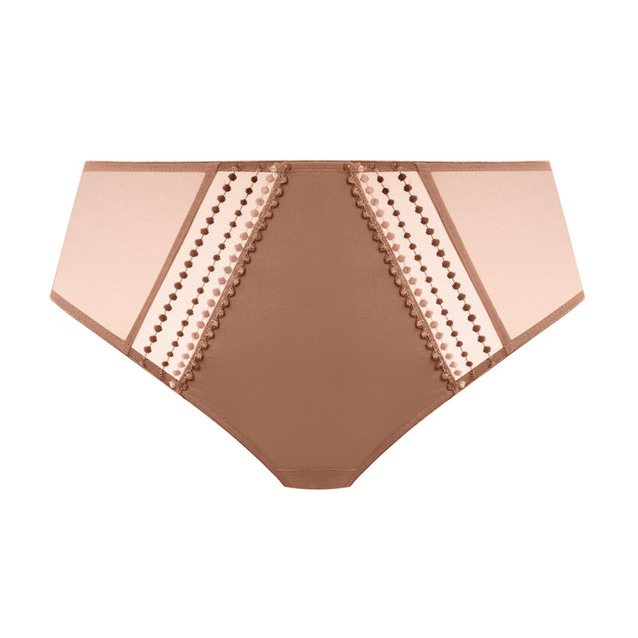 Brown underwear with decorative trim on a white background