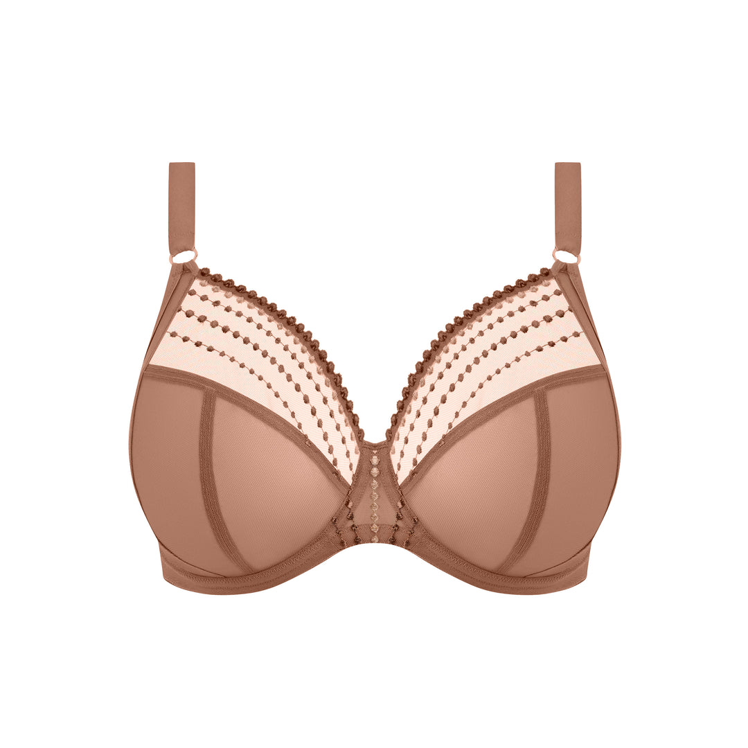 Brown bra with lace details on a white background