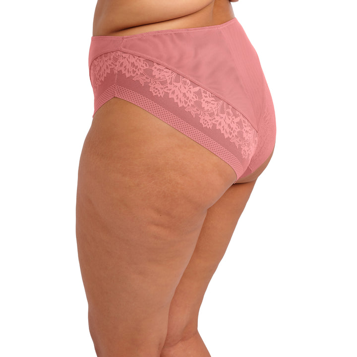 Pink lace-trimmed underwear on a white background