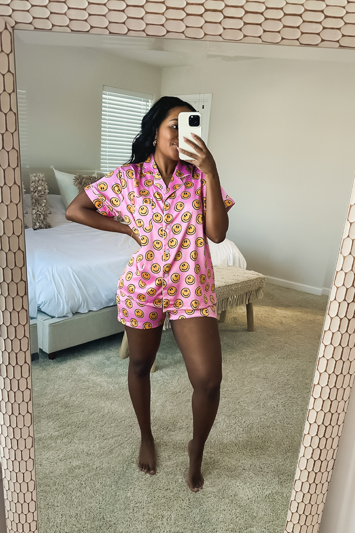 Pink Smiley Satin Pajamas