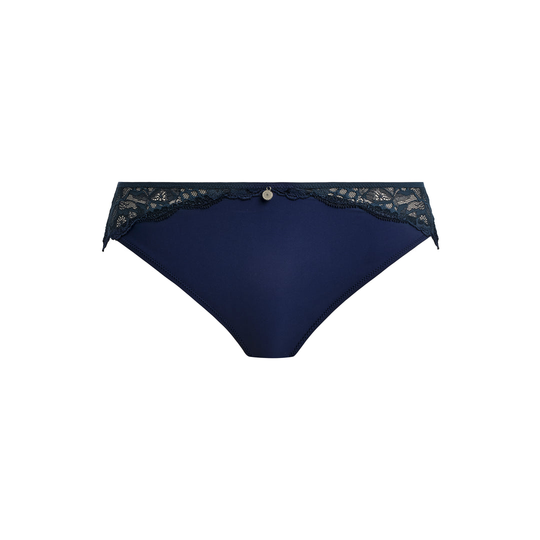 Navy blue bikini bottom with lace trim on a white background