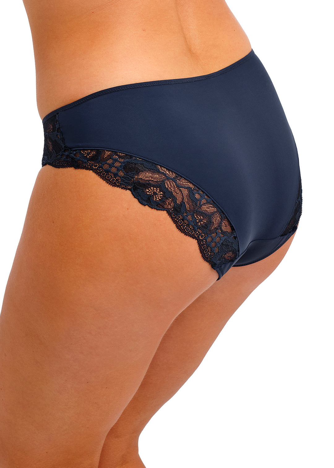 Navy blue underwear with lace trim on a white background