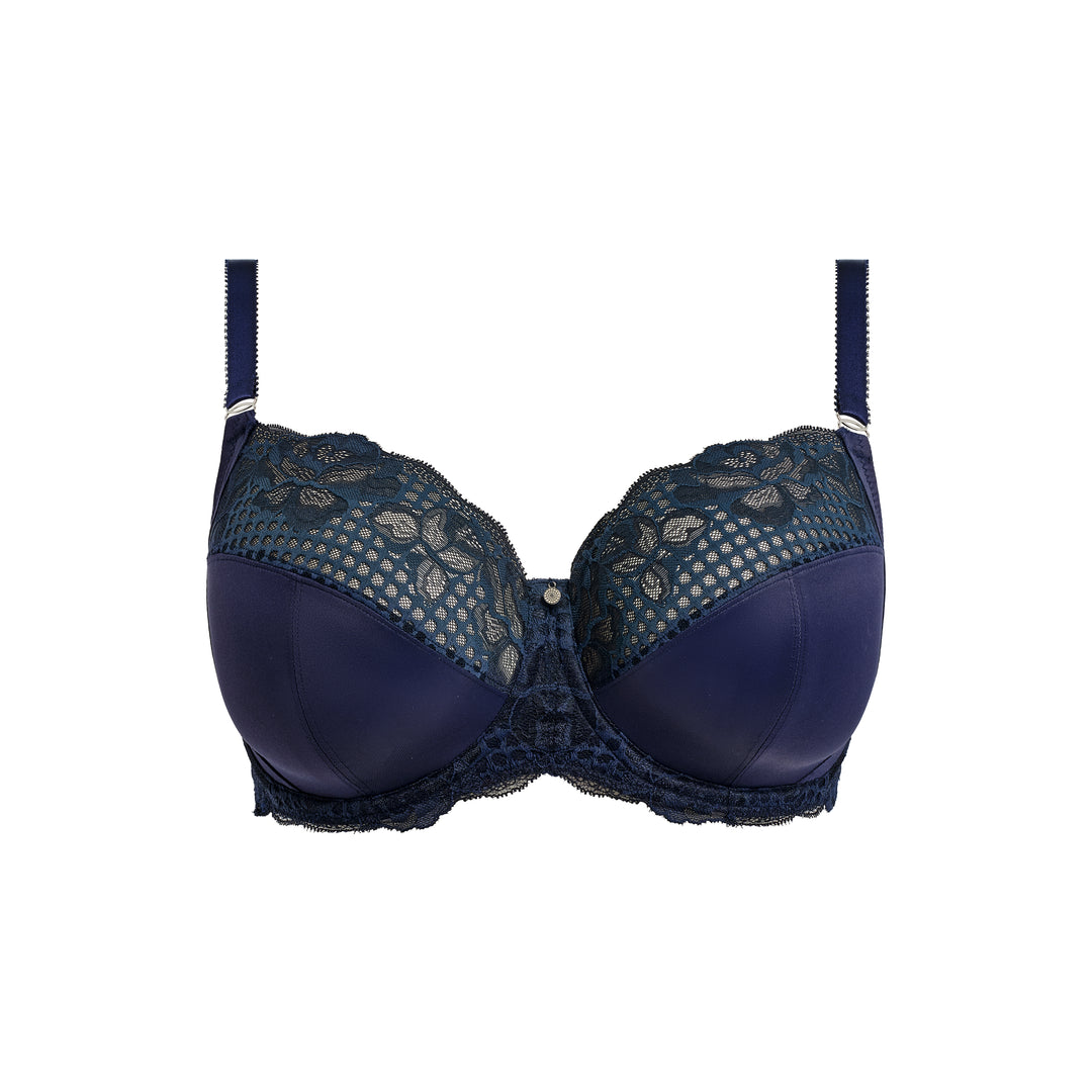 Navy blue bra with lace details on a white background